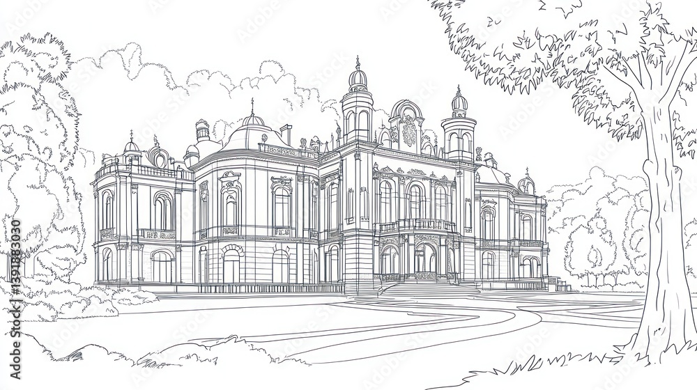Elegant Palace Sketch, Park Scene, Architectural Drawing, Illustration Elegant Palace Sketch, Park Scene, Architectural Drawing, Illustration