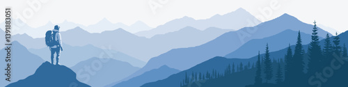 A tourist meets the sunrise in the mountains, hiking, adventure tourism and travel, vector illustration, panoramic view