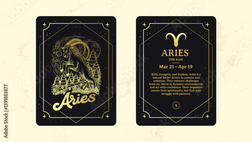 Aries Zodiac Sign Tarot Card – Mystical Gold Line Art of The Ram with Cosmic and Nature Elements – Astrology and Horoscope Illustration
