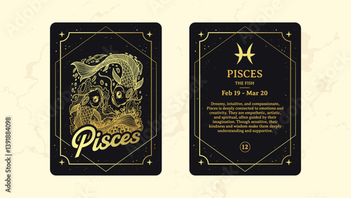 Pisces Zodiac Sign Card–Dreamy Line Art of The Fish with Flowing Cosmic Water Artistic Astrology and Horoscope Illustration