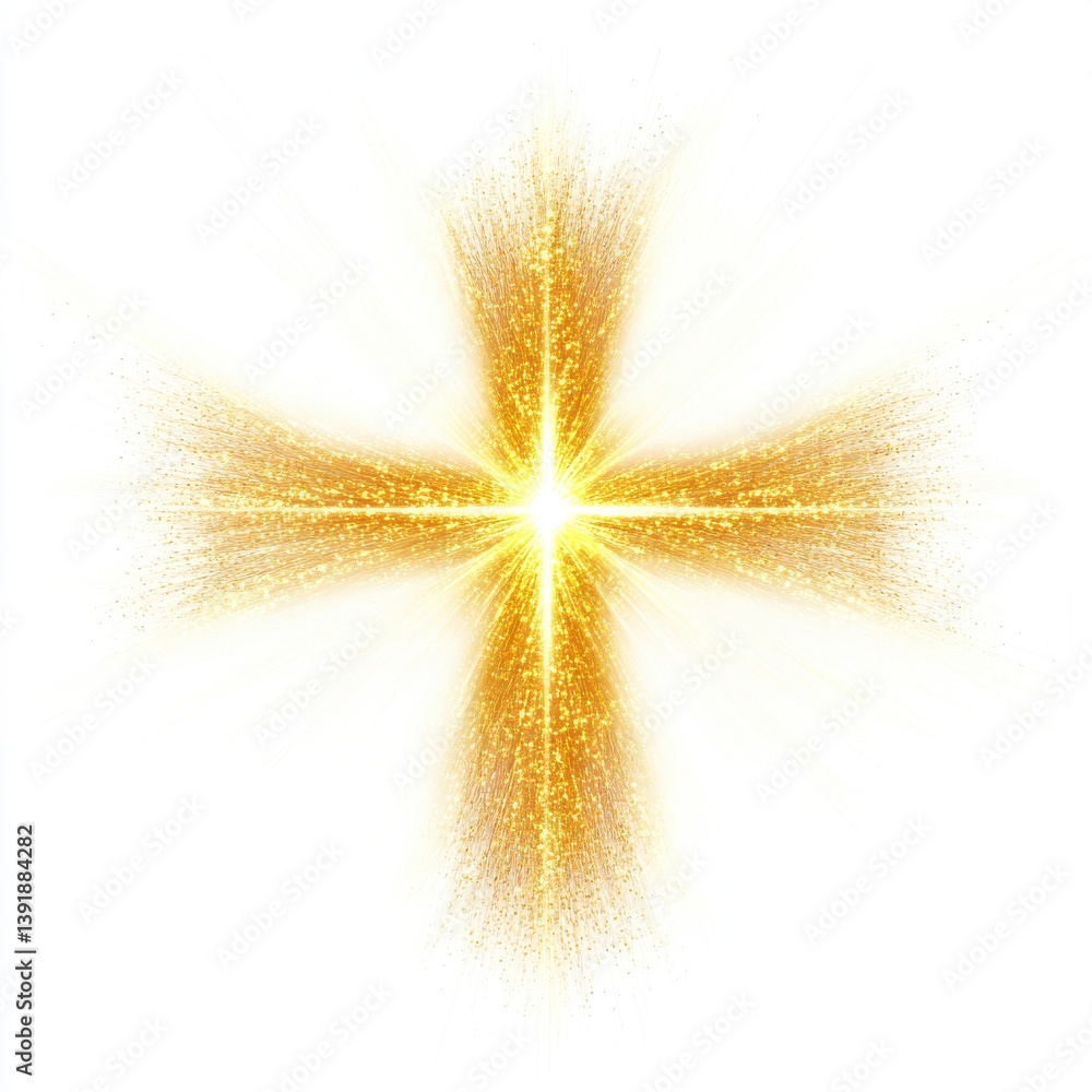 Fototapeta premium A radiant golden cross explodes with light, creating a sparkling burst of divine energy. Perfect for religious or spiritual designs, symbolizing hope and faith.