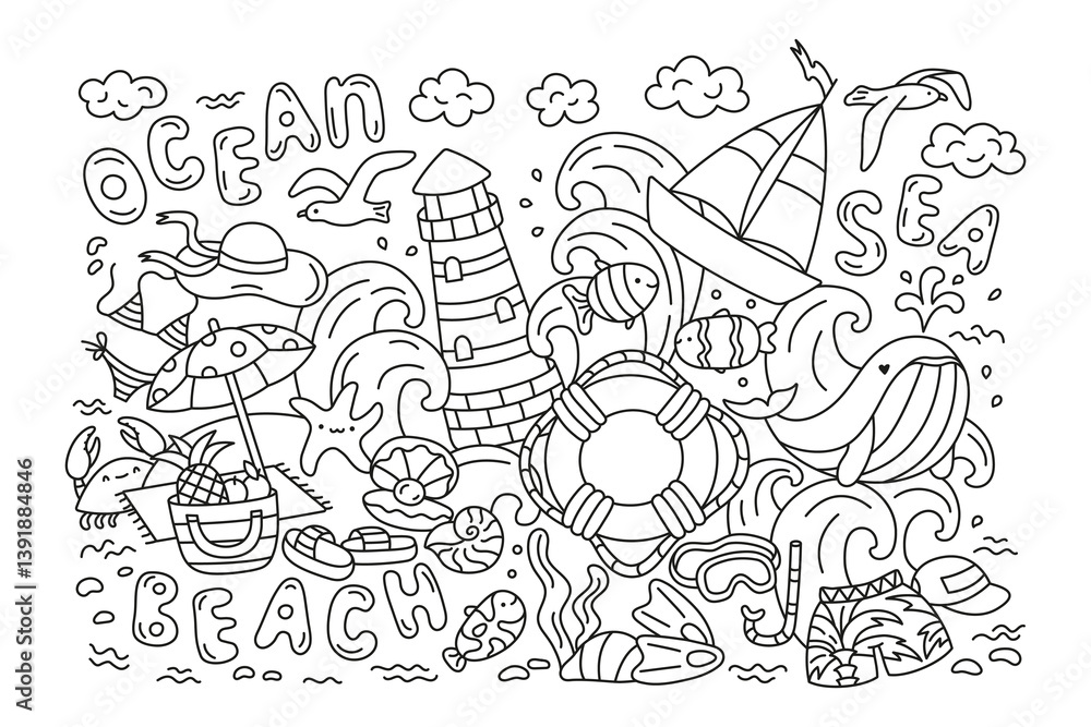 Coloring page on the theme of the sea, relaxing on the beach, vacation. Black outline only. Coloring page on the theme of the sea, relaxing on the beach, vacation. Black outline only.