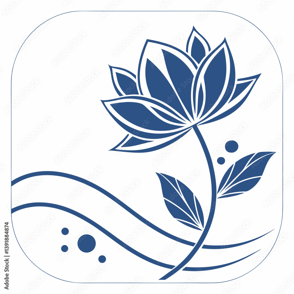 Fototapeta premium Stylized blue flower with leaves and wavy lines illustration