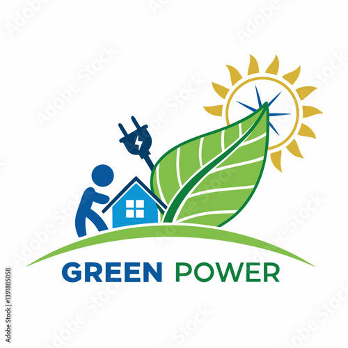 Illustration of green power concept with house and sun icon
