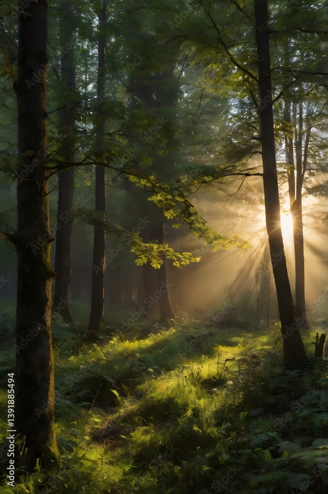 Fototapeta premium A forest with a sun shining through the trees