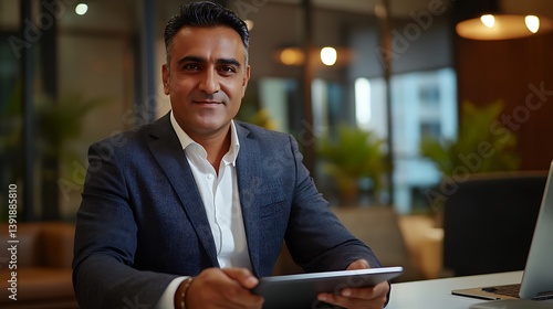 professional indian ceo portrait confident mid age businessman smiling at office desk with tablet computer corporate executive leader career authority business success and workplace management role