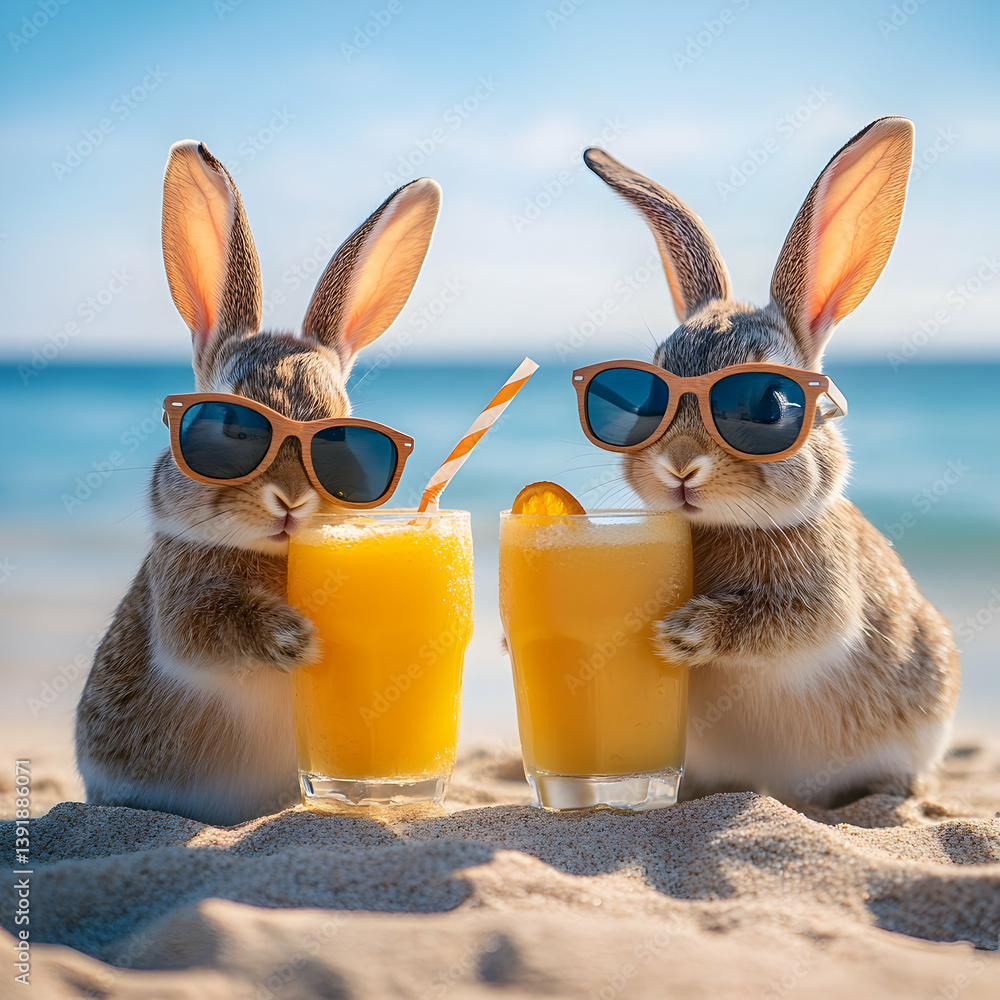 Two bunnies enjoying orange juice on a beach wearing sunglasses with ocean and blue sky background