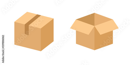 A set of delivery cardboard boxes. Open and closed carton packaging box collection for storage, shipment. Isometric empty blank packs for cargo, food, gift isolated on white background