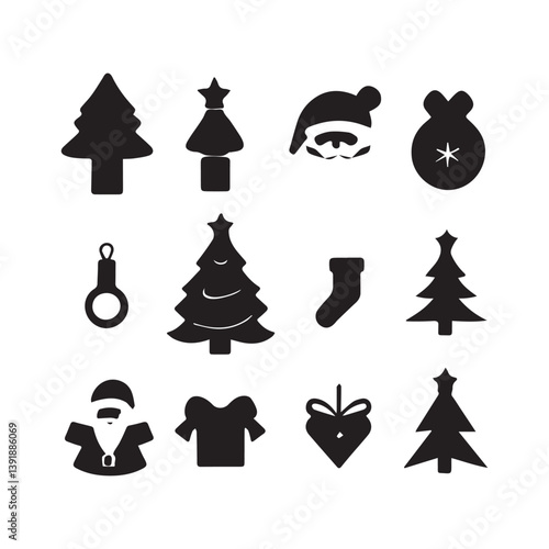 Christmas Icon Set with Tree, Snowman, Santa, Gifts, Stars, Snowflakes, and Holiday Symbols in Vector Design