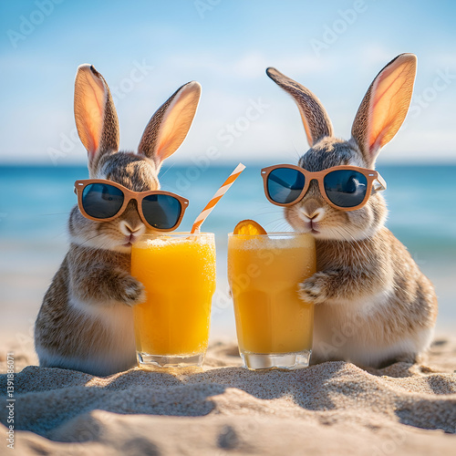 Obraz na płótnie Two bunnies enjoying orange juice on a beach wearing sunglasses with ocean and blue sky background w salonie