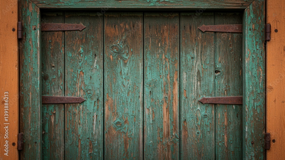 Old wooden door with peeling paint, rustic and weathered texture. Old wooden door with peeling paint, rustic and weathered texture.