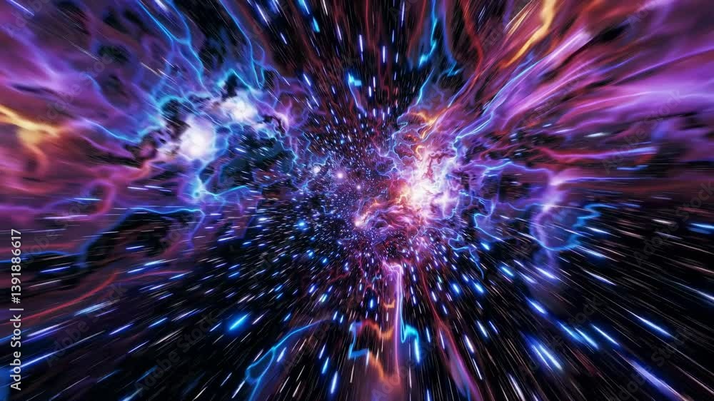Dynamic video of a cosmic explosion with a vibrant, electric color palette. Captured from a central, zooming angle, creating a sense of motion and depth. Live desktop wallpaper.
