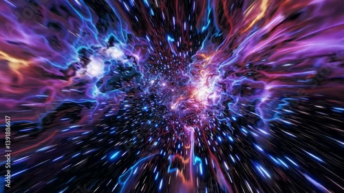 Dynamic video of a cosmic explosion with a vibrant, electric color palette. Captured from a central, zooming angle, creating a sense of motion and depth. Live desktop wallpaper.