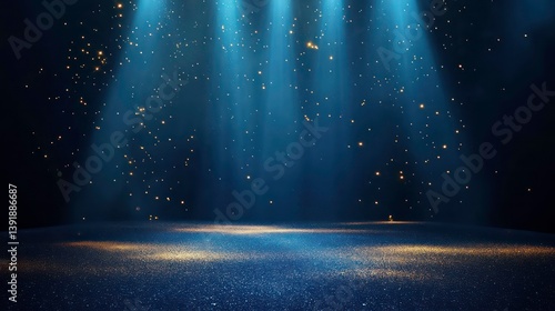 Dark blue stage design for awards ceremony. Golden spotlight lines, glitter create premium elegant backdrop. Realistic 3D abstract glamour. Great for product presentation awards show visuals. Modern