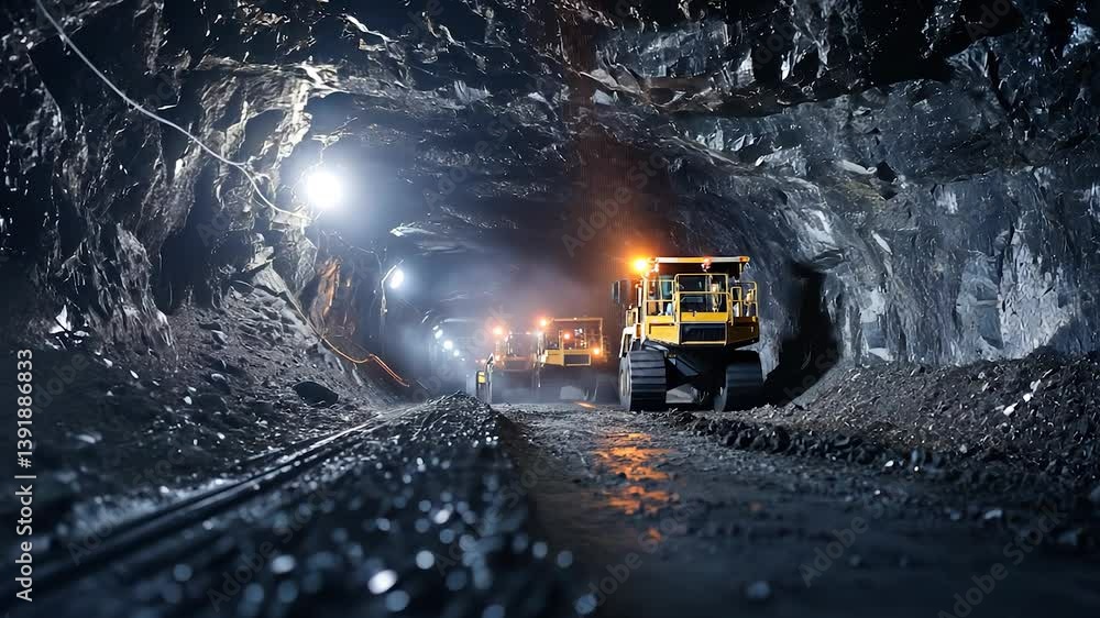 Large truck driving through a dark tunnel. Workers miners working in underground mines. A new technology is hard generation equipment for mining rock. A big truck traveling through a lifestyle dim. Large truck driving through a dark tunnel. Workers miners working in underground mines. A new technology is hard generation equipment for mining rock. A big truck traveling through a lifestyle dim.