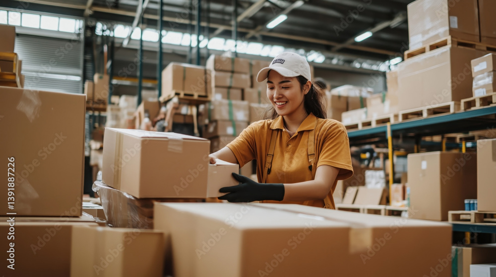 Asian female warehouse worker handling packages in a busy storage facility. Asian female warehouse worker handling packages in a busy storage facility.