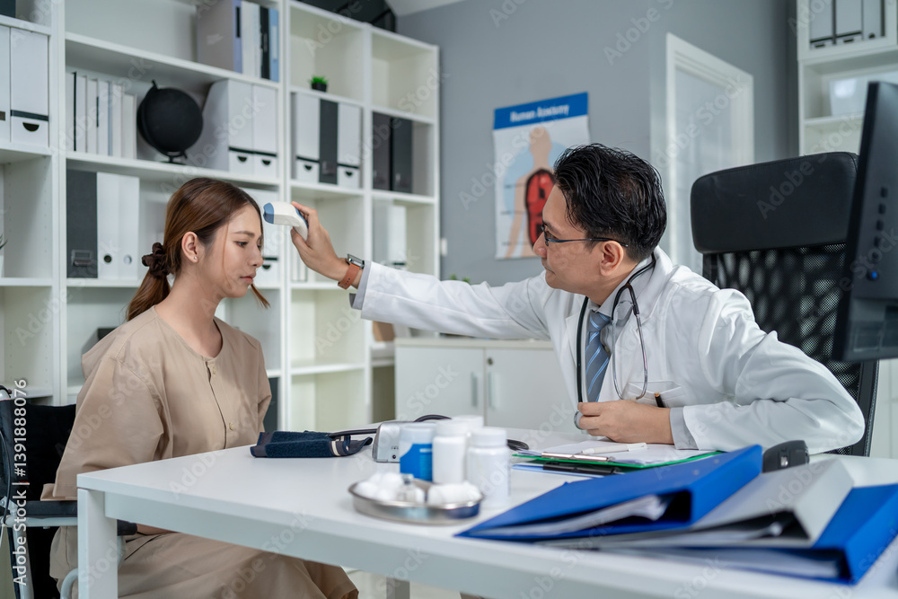 Asian young woman visit and consult health problem with doctor in hospital. Asian young woman visit and consult health problem with doctor in hospital.