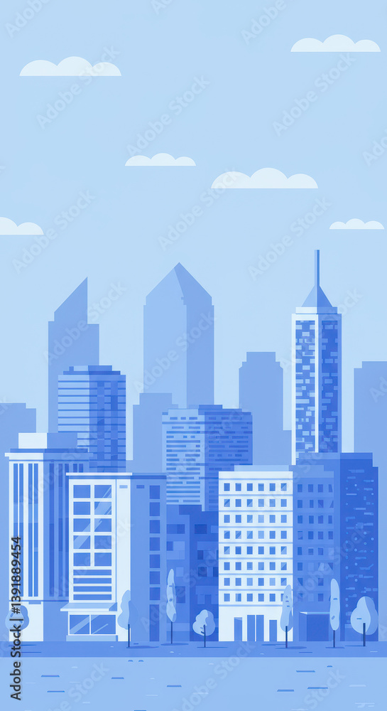 Blue Cityscape: Modern Urban Scene with Skyscrapers, Buildings, and Peaceful Sky - Vector Illustration Blue Cityscape: Modern Urban Scene with Skyscrapers, Buildings, and Peaceful Sky - Vector Illustration