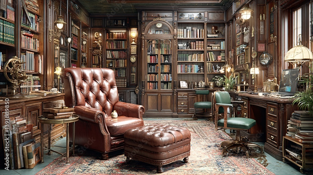 Luxurious library reading nook elegant study interior design cozy atmosphere wide angle books and relaxation Luxurious library reading nook elegant study interior design cozy atmosphere wide angle books and relaxation