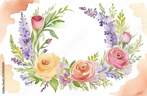 Watercolor floral wreath with roses and daisies, copy space for text