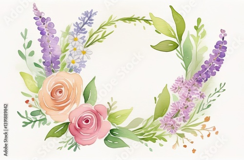 Watercolor floral wreath with roses and daisies, copy space for text
