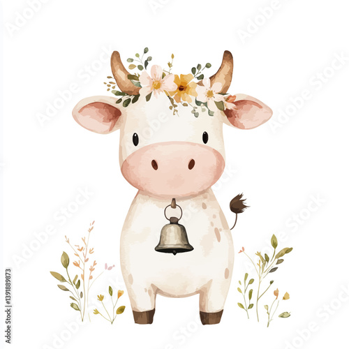 Cow with Flower Crown: A whimsical illustration of a charming cow adorned with a flower crown, showcasing its adorable and delightful nature.