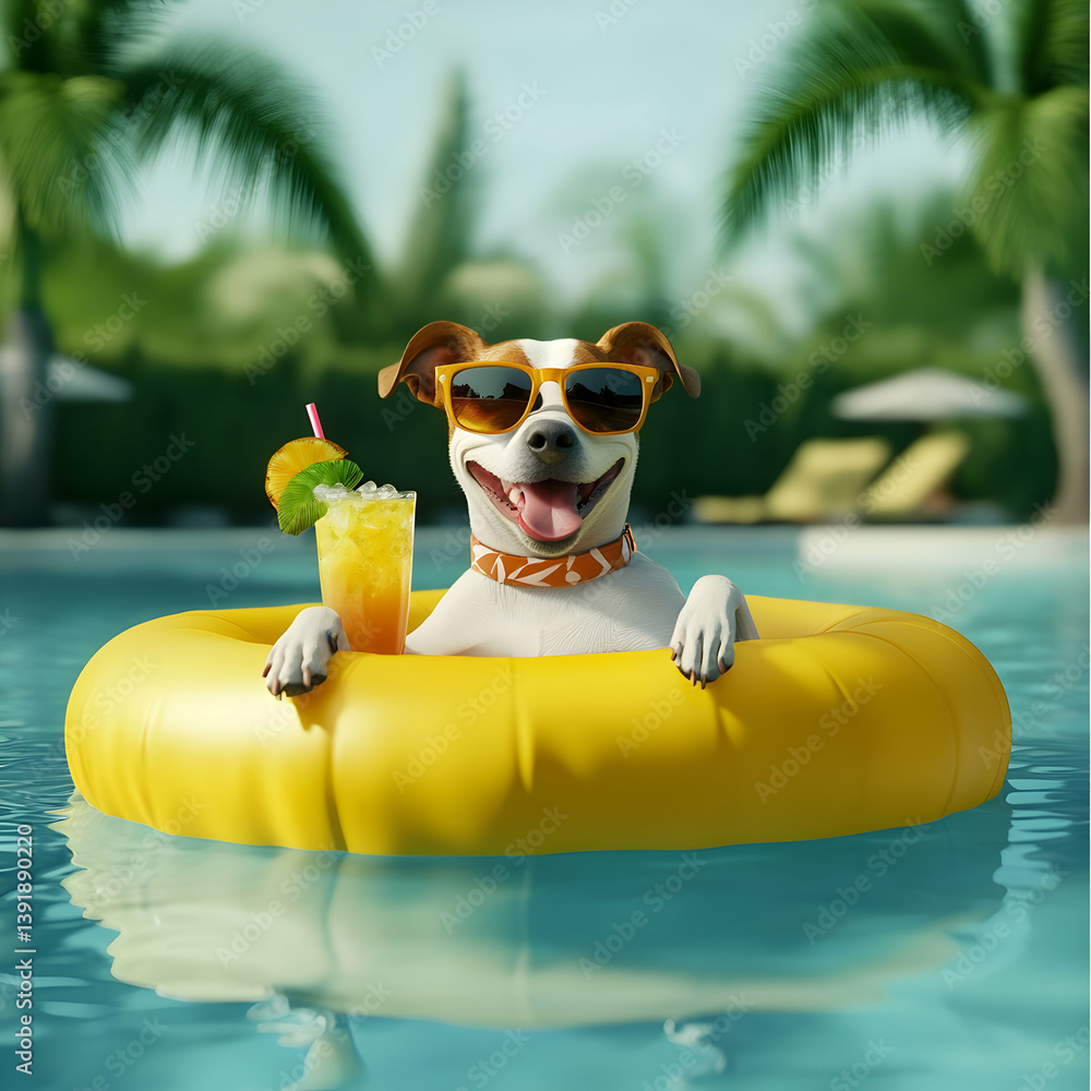 Dog wearing sunglasses floating in a pool with a drink on a sunny day near palm trees and lounge chairs