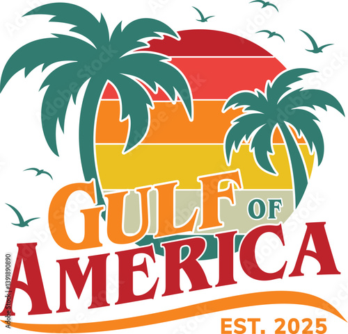 Gulf of America vector illustration, featuring palm trees and a vibrant sunset. Perfect for Adobe Illustrator projects, capturing tropical acest. 2025.