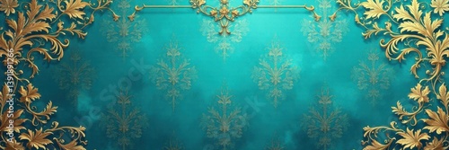 Damask Wallpaper with Gold Accents and Turquoise Background, ornate print, elegant design, luxurious wallpaper