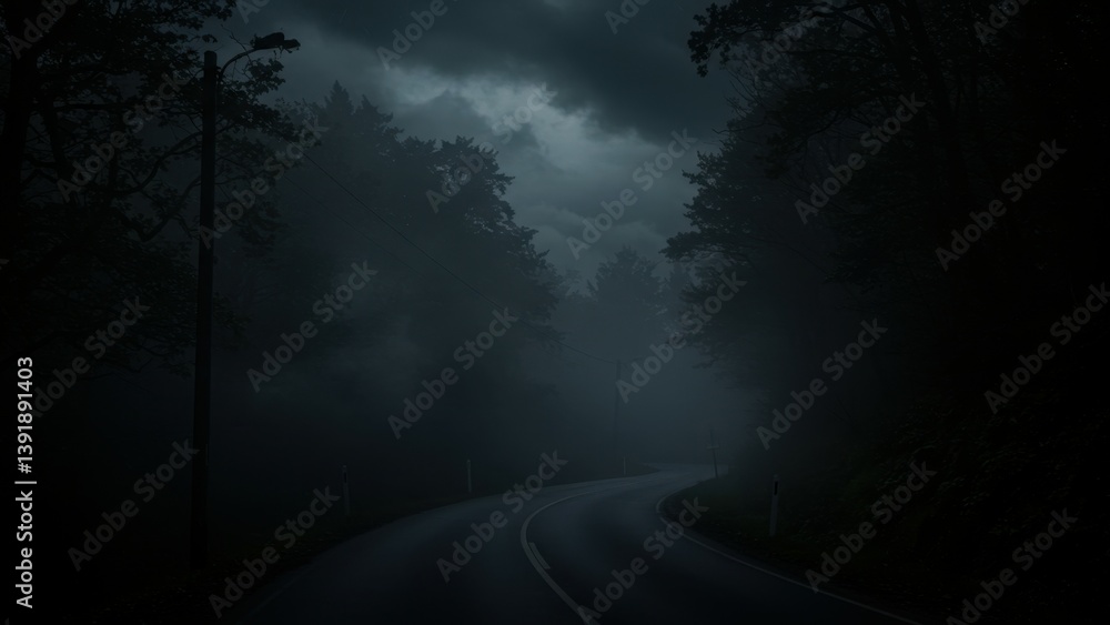 Fototapeta premium An eerie, dark road winding through foggy trees under an overcast sky.