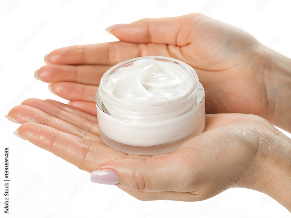 Hand Holding Moisturizing Cream Jar Isolated on White Background Hand Holding Moisturizing Cream Jar Isolated on White Background