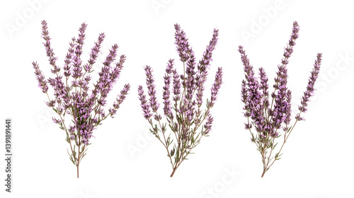 Pack of Heather set of Three Different Poses set Against Transparent Background for Nature Branding, Garden Design, or Floral Promotion Projects