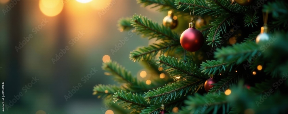 Dense evergreen tree with sparkling ornaments amidst soft glow, evergreen, baubles, festive decor