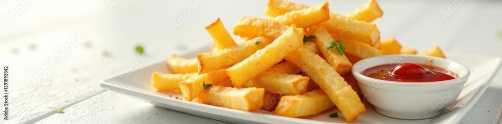 French fries with dipping sauce on white surface, snack time, fast food snacks