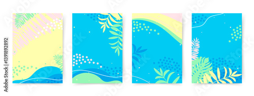 Summer and Travel Background. Theme of vacation and Beach. Editable colorful minimal vector templates with Exotic Nature elements for poster, banner, cover, card, story, summer Sale