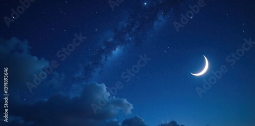 Starry night sky with twinkling stars and a bright crescent moon, cosmic, universe