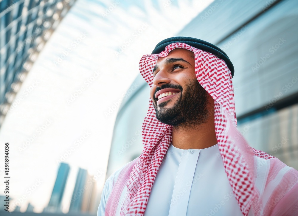 Smiling Arabian Man Looking Upward with Modern City Building Background