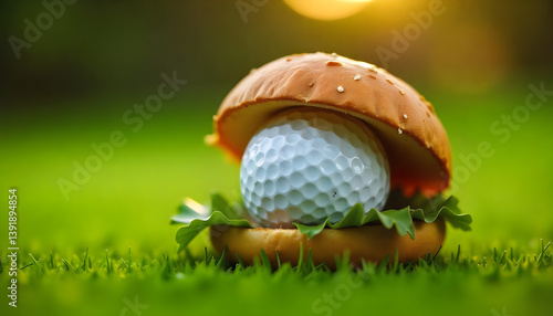 Humorous image of a golf ball inside a burger bun with lettuce on a green golf course