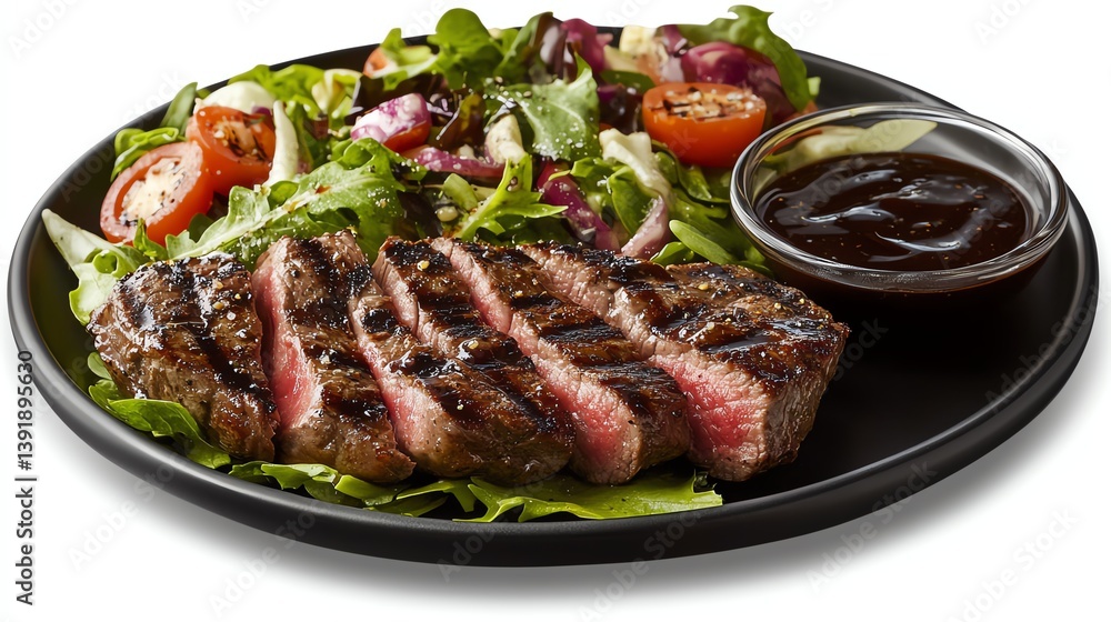 Grilled steak served with a side of fresh garden salad and balsamic vinaigrette dressing bright and fresh Grilled steak served with a side of fresh garden salad and balsamic vinaigrette dressing bright and fresh