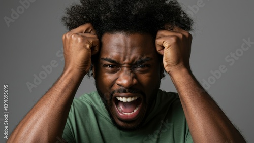 An angry black man screams and pulls his hair with rage and frustration.