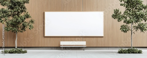 A minimalist outdoor space featuring a blank white board, a wooden wall, a sleek bench, and two leafy trees.