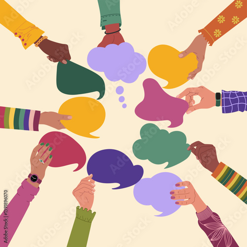 Hands holding speech bubbles, exchange of opinions, ideas or information. Teamwork, cooperation and communication. Hand drawn vector illustration isolated on light background, flat cartoon style.