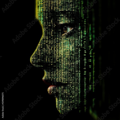 Profile of a person's face covered in green digital code