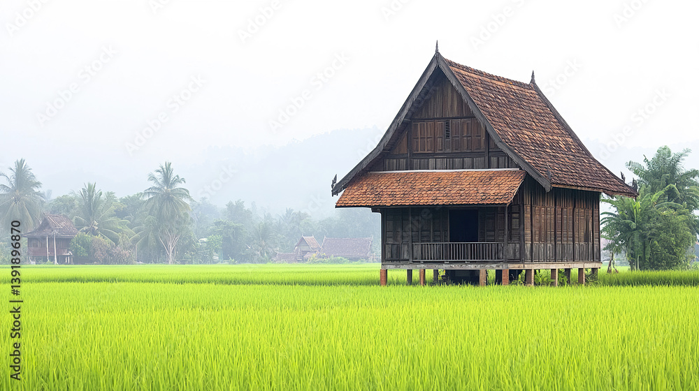 charming wooden Thai village house with steep roof in lush green field charming wooden Thai village house with steep roof in lush green field