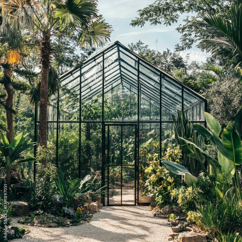 Fototapeta premium Greenhouse with glass walls surrounded by lush green plants and