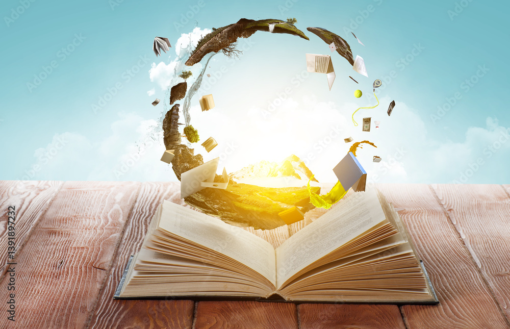 World of books concept. Mixed media content
