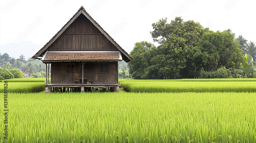 Fototapeta premium charming wooden Thai village house with steep roof in lush green rice fields