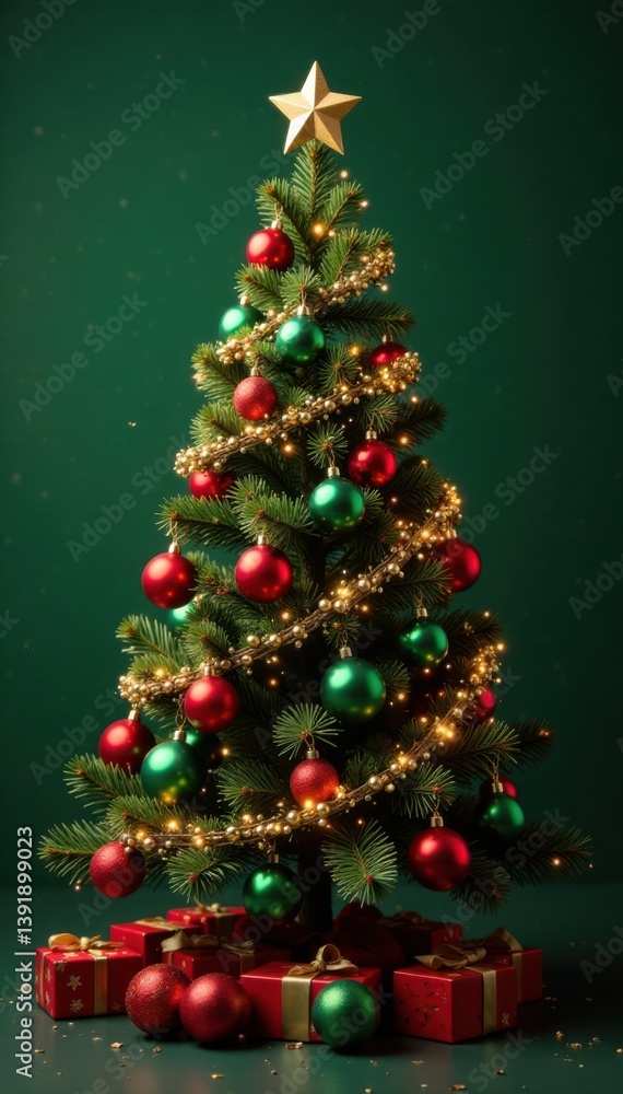 Vibrant Christmas tree adorned with red and green balls, garland, and star, Holiday Decor, Winter Decor Vibrant Christmas tree adorned with red and green balls, garland, and star, Holiday Decor, Winter Decor