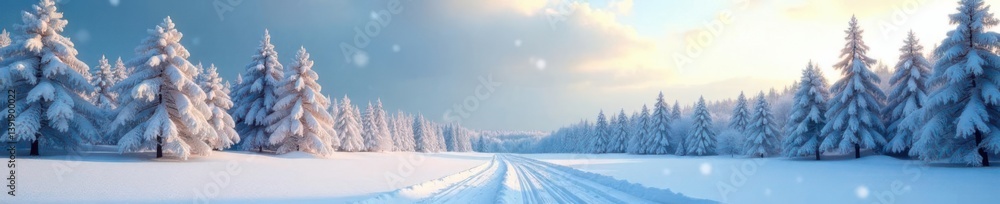 Naklejka premium Winter Wonderland Landscape with Snow-Covered Trees, natural beauty, Snowflakes