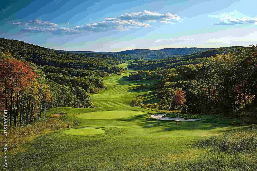 Expansive Golf Course Surrounded by Lush Greenery and Clear Blue Sky Expansive Golf Course Surrounded by Lush Greenery and Clear Blue Sky